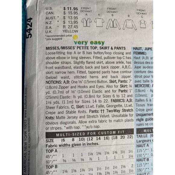 Butterick 5424 skirt top pants pattern - Picture 5 of 7